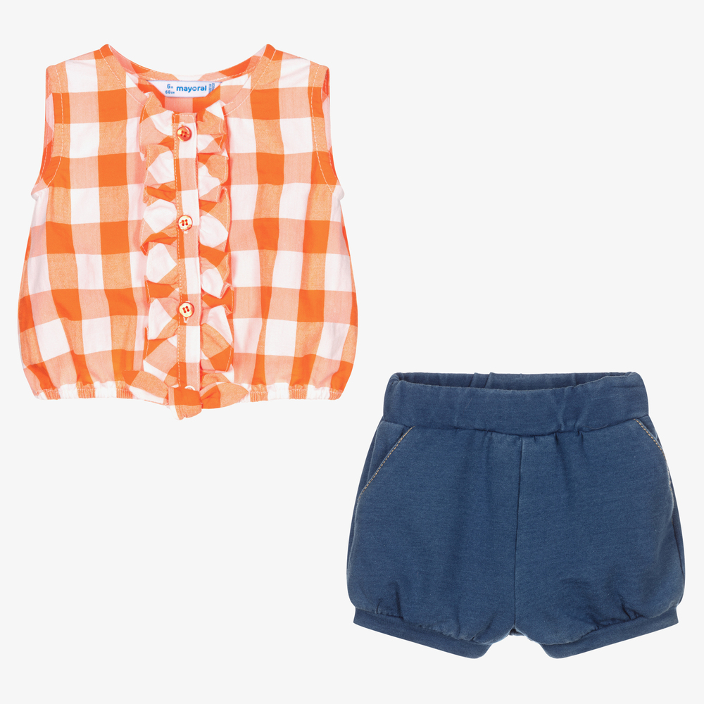 Mayoral-Оранжевый топ и синие шорты для девочек | Childrensalon Outlet