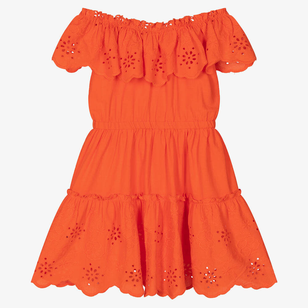 Mayoral - Оранжевое хлопковое платье с вышивкой английской гладью | Childrensalon