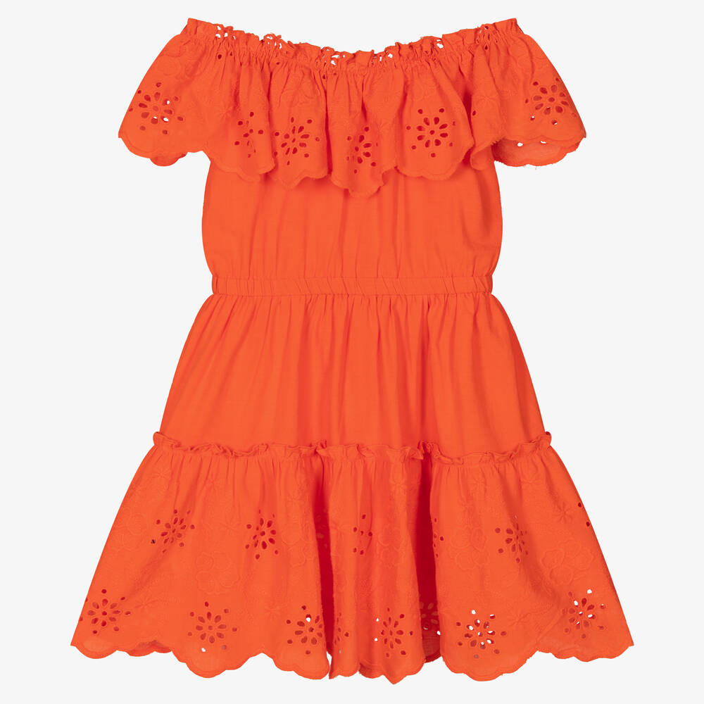 Mayoral - Oranges Baumwollkleid Lochstickerei | Childrensalon