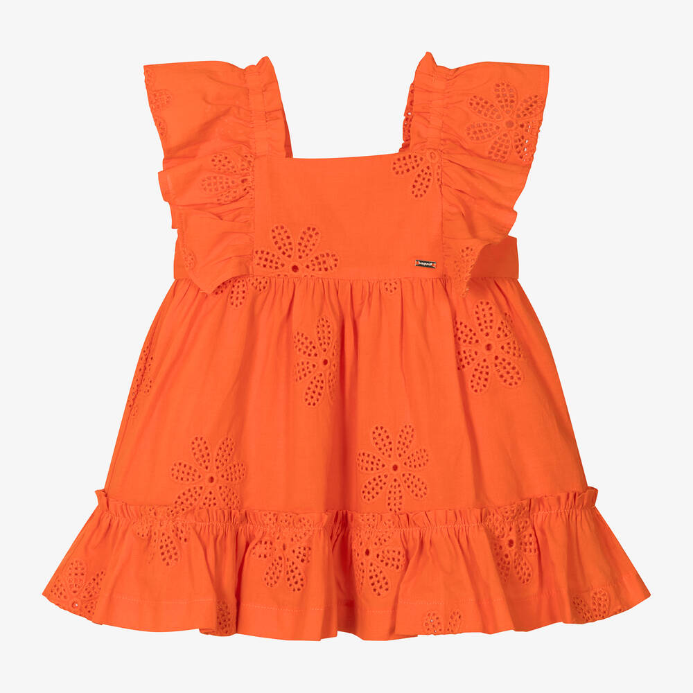 Mayoral-Girls Orange Cotton Broderie Anglaise Dress | Childrensalon Outlet