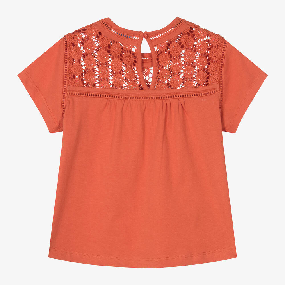 Mayoral-Girls Orange Cotton Crochet T-Shirt | Childrensalon Outlet