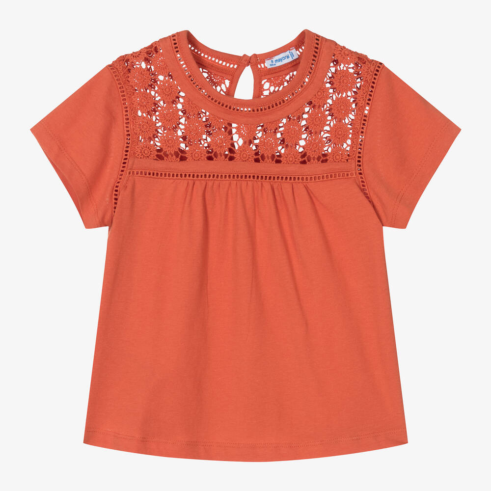 Mayoral-Girls Orange Cotton Crochet T-Shirt | Childrensalon Outlet