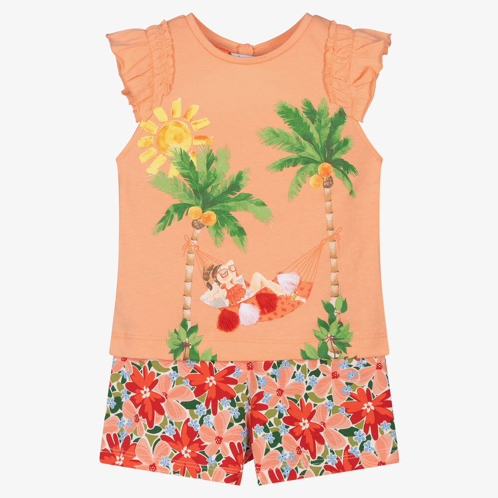 Mayoral - Girls Orange Cotton Shorts Set | Childrensalon