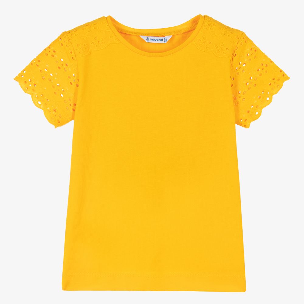 Mayoral - Оранжевая хлопковая футболка для девочек | Childrensalon