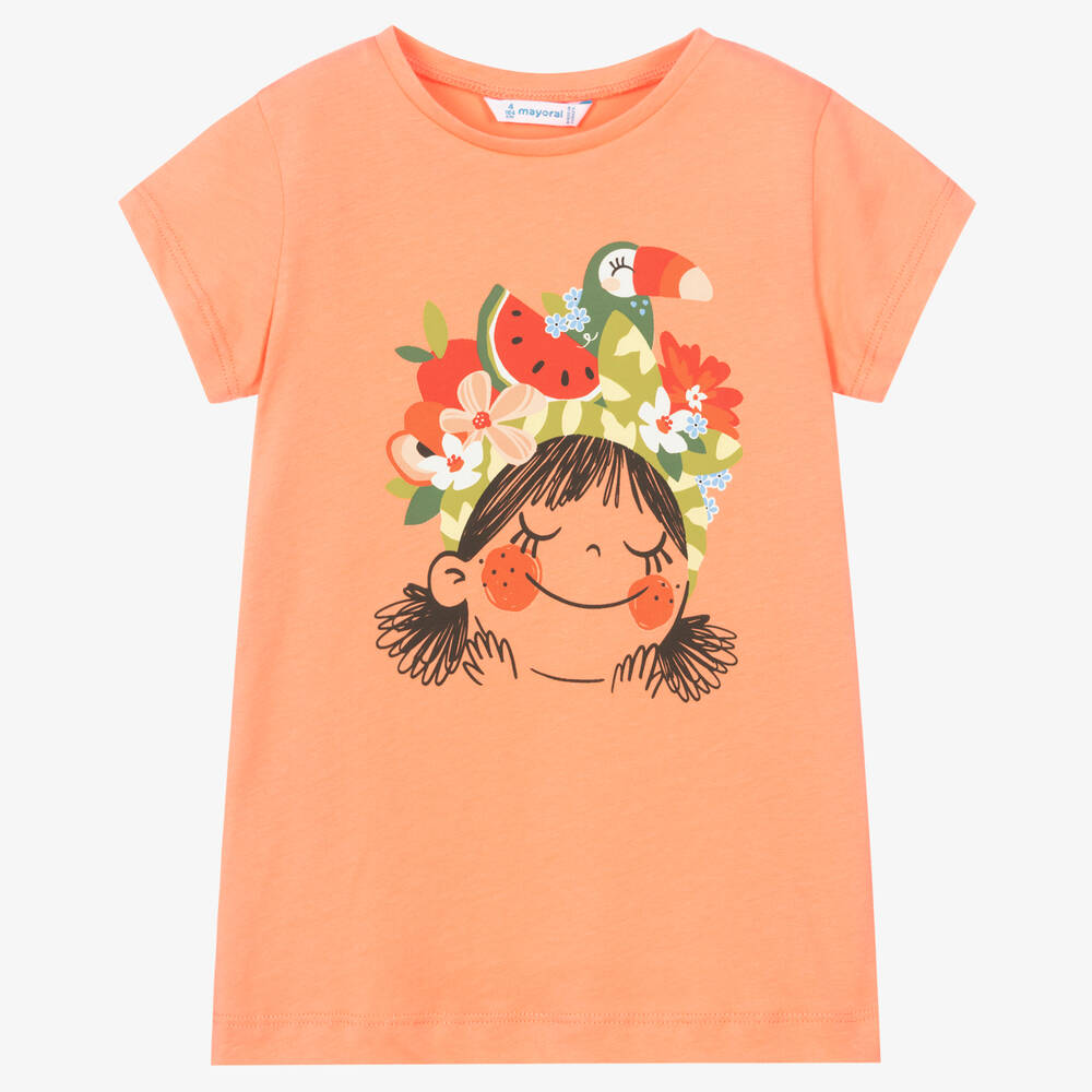 Mayoral - T-shirt orange en coton fille | Childrensalon