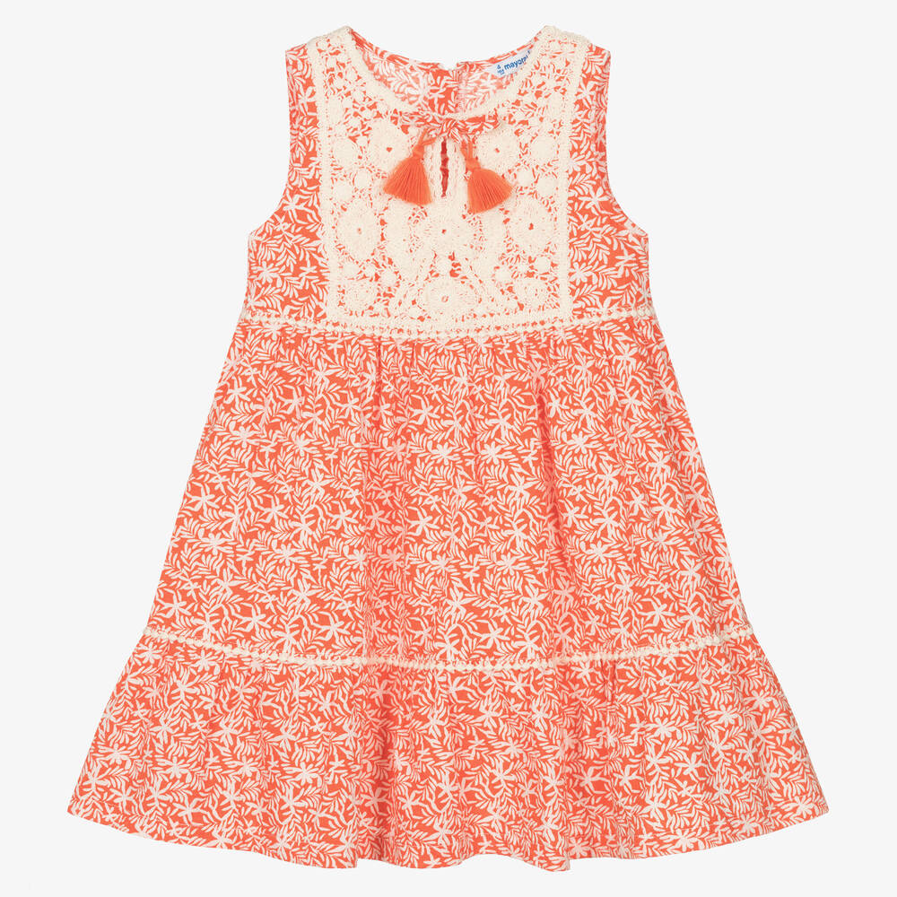 Mayoral - Girls Orange Floral Print & Crochet Cotton Dress | Childrensalon