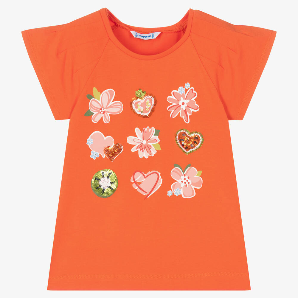 Mayoral - Girls Orange Floral Print T-Shirt | Childrensalon