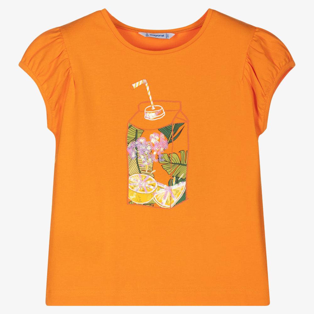 Mayoral - Оранжевая футболка с фруктами для девочек | Childrensalon