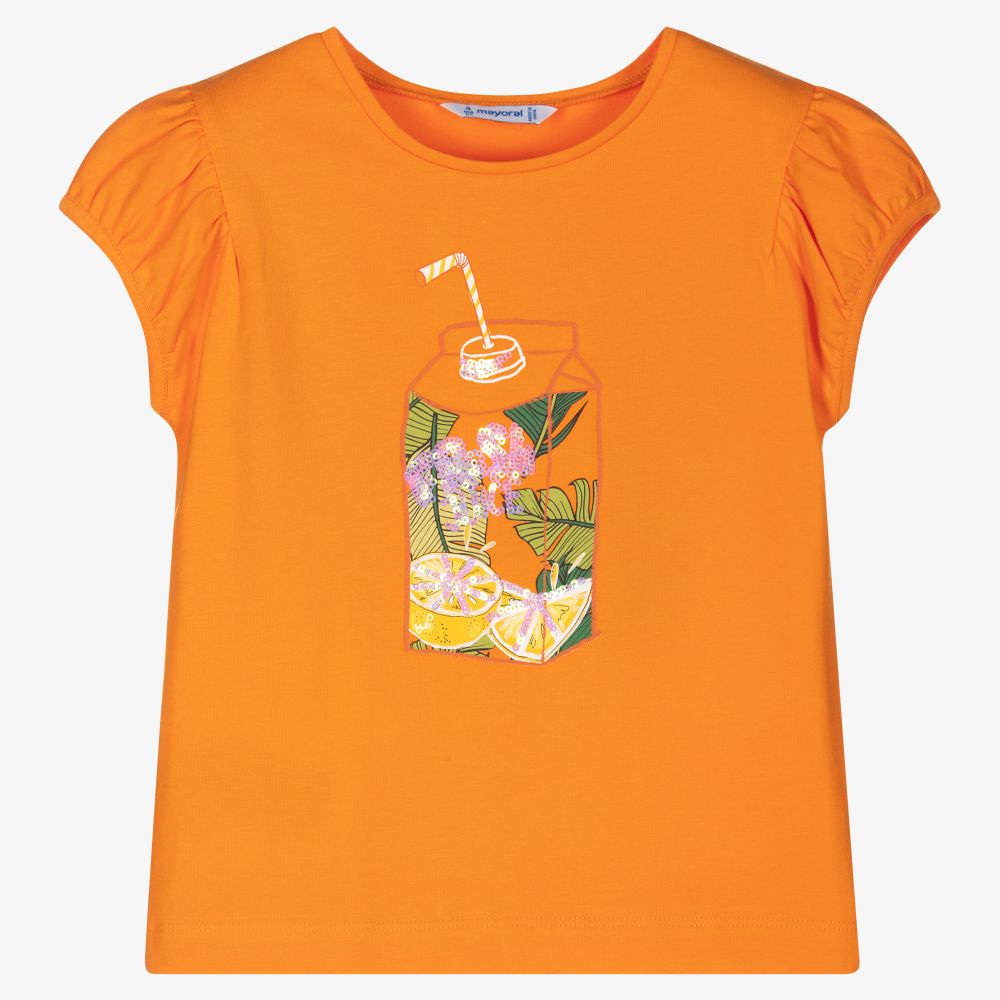 Mayoral-Оранжевая футболка с фруктами для девочек | Childrensalon Outlet