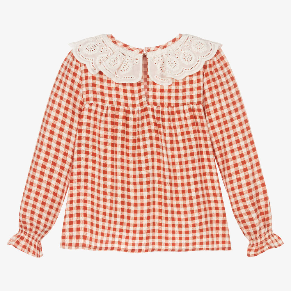 Mayoral-بلوز فيسكوز تويل جينغهام لون برتقالي وأبيض | Childrensalon Outlet