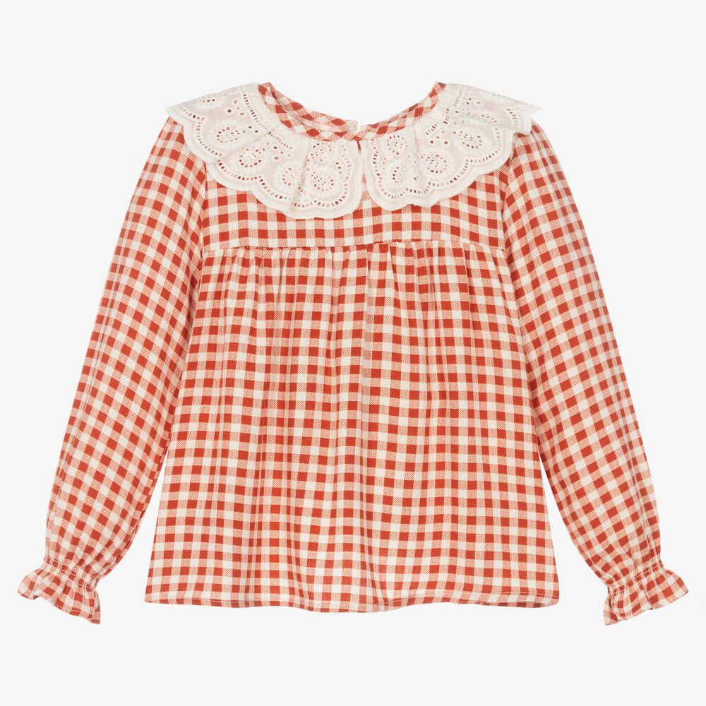 Mayoral - Girls Orange Gingham Blouse | Childrensalon