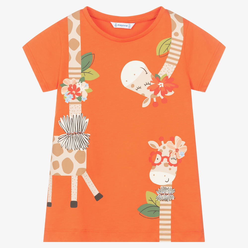 Mayoral - Girls Orange Giraffe Cotton T-Shirt | Childrensalon