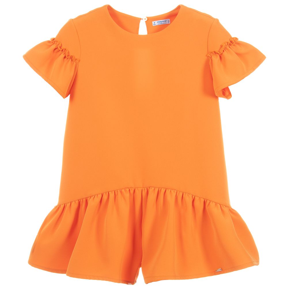 Mayoral - Girls Orange Ruffle Playsuit | Childrensalon