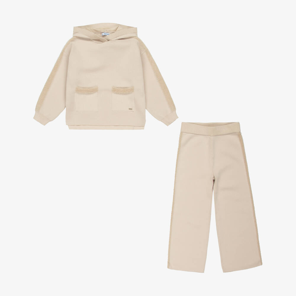 Mayoral-Girls Pale Beige Knitted Hoodie & Trouser Set | Childrensalon Outlet