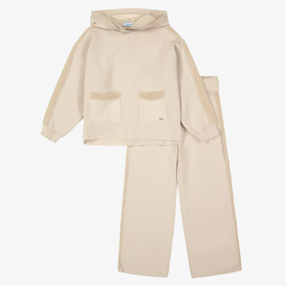 Mayoral-Girls Pale Beige Knitted Hoodie & Trouser Set | Childrensalon Outlet