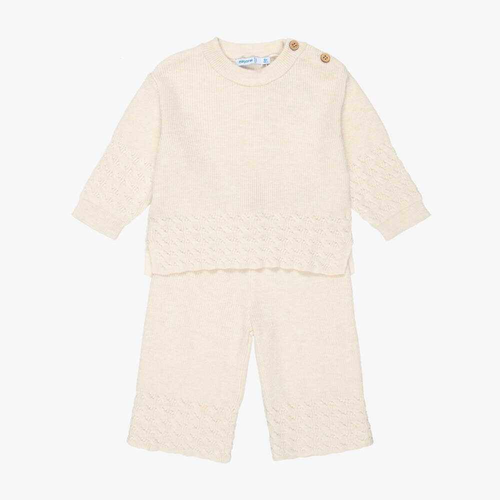 Mayoral-Girls Pale Beige Knitted Trouser Set | Childrensalon Outlet