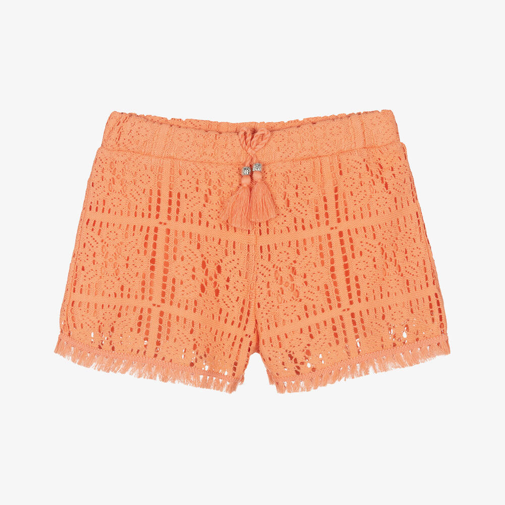 Mayoral - Girls Pale Orange Crochet Cotton Shorts | Childrensalon