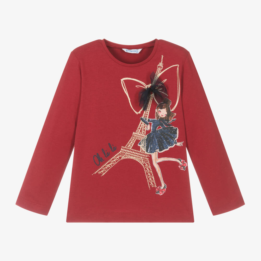 Mayoral-Girls Parisian Red Cotton Top | Childrensalon Outlet