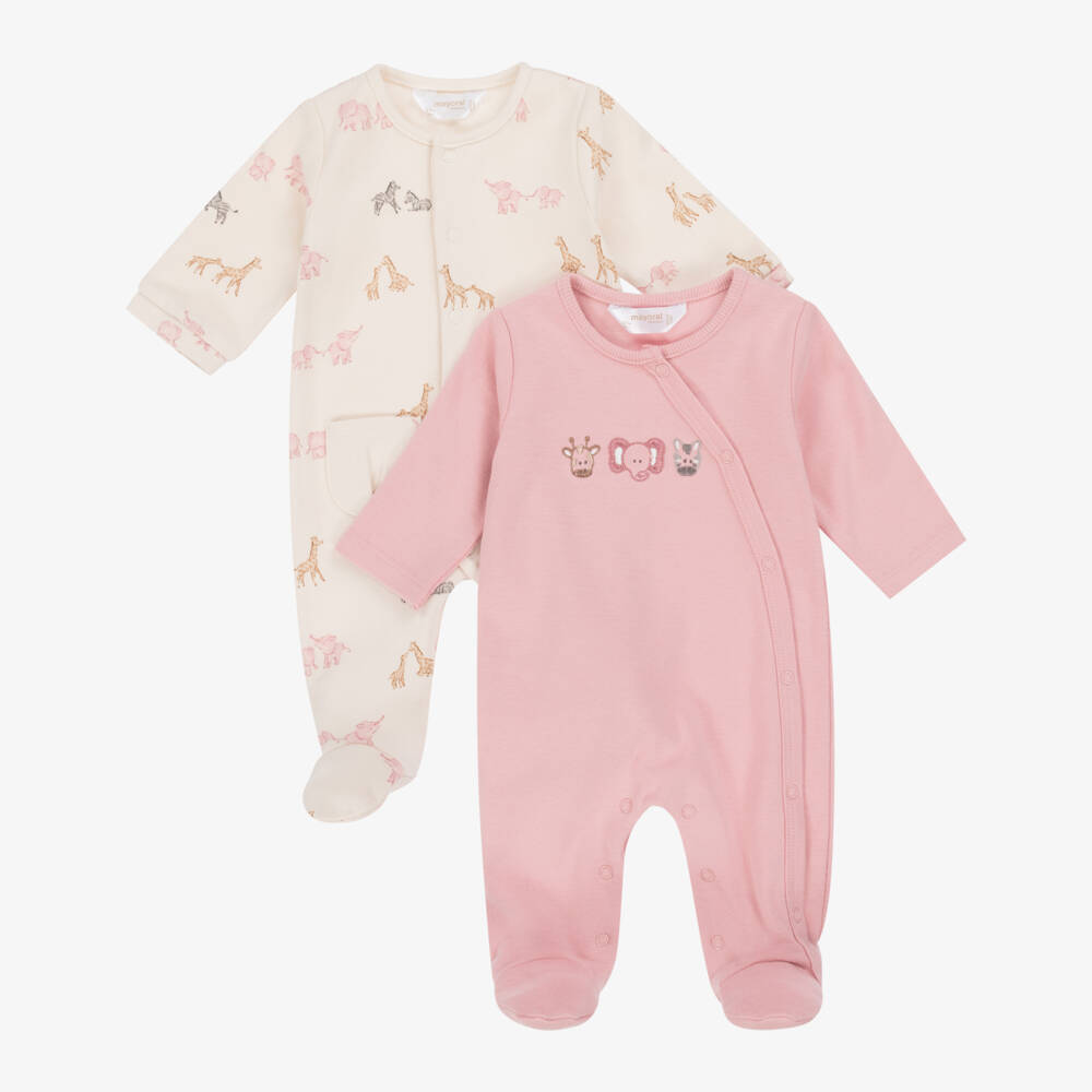 Mayoral Newborn-Girls Pink & Beige Cotton Babygrows (2 Pack) | Childrensalon Outlet