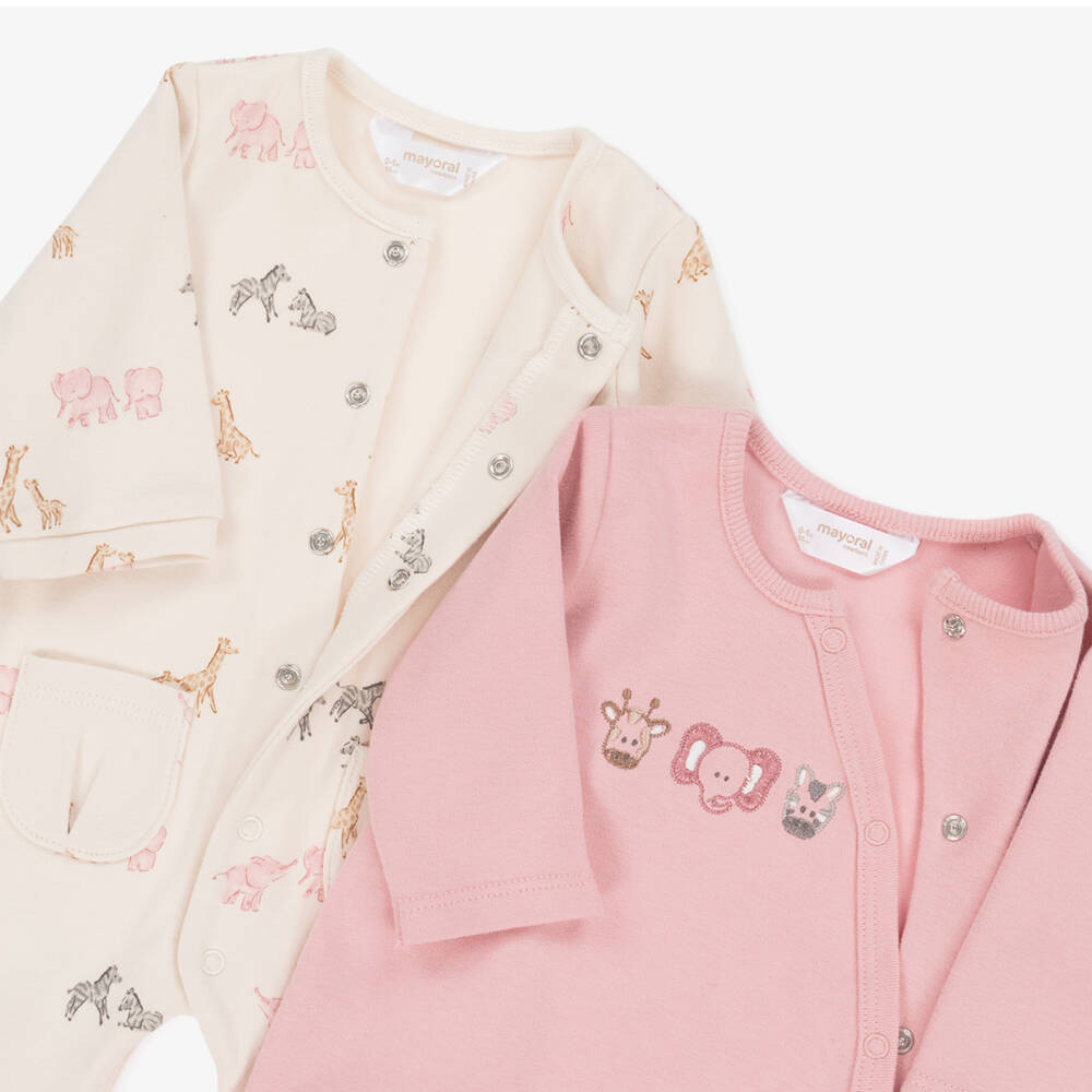 Mayoral Newborn-Girls Pink & Beige Cotton Babygrows (2 Pack) | Childrensalon Outlet