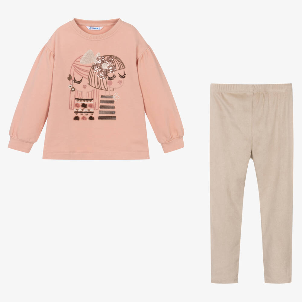 Mayoral-Girls Pink & Beige Cotton Leggings Set | Childrensalon Outlet