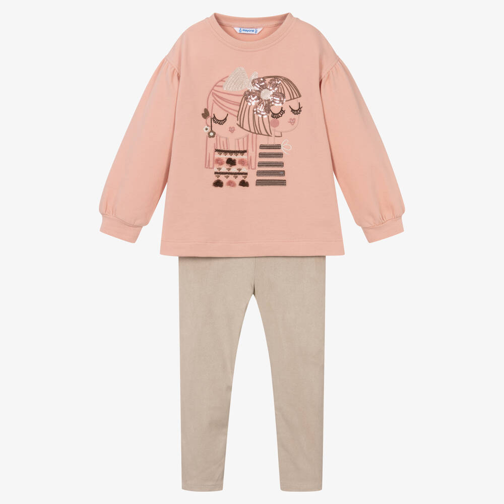 Mayoral-Girls Pink & Beige Cotton Leggings Set | Childrensalon Outlet