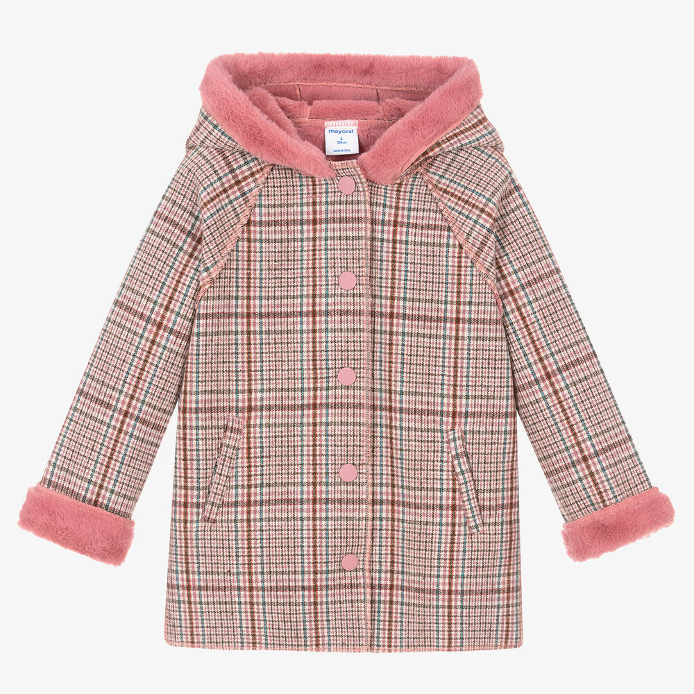 Mayoral - Girls Pink & Blue Check Coat | Childrensalon