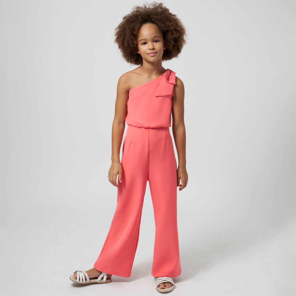 Mayoral Girls Pink Bow Crepe Jumpsuit