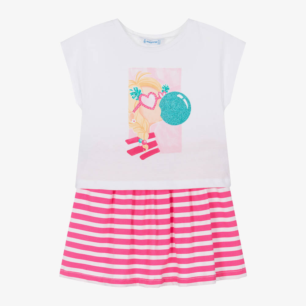 Mayoral-Girls Pink Bubble Gum Cotton Skirt Set | Childrensalon Outlet