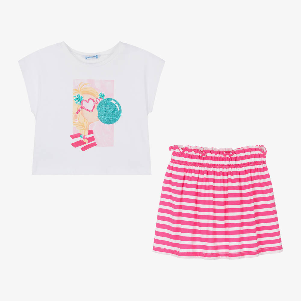 Mayoral-Girls Pink Bubble Gum Cotton Skirt Set | Childrensalon Outlet