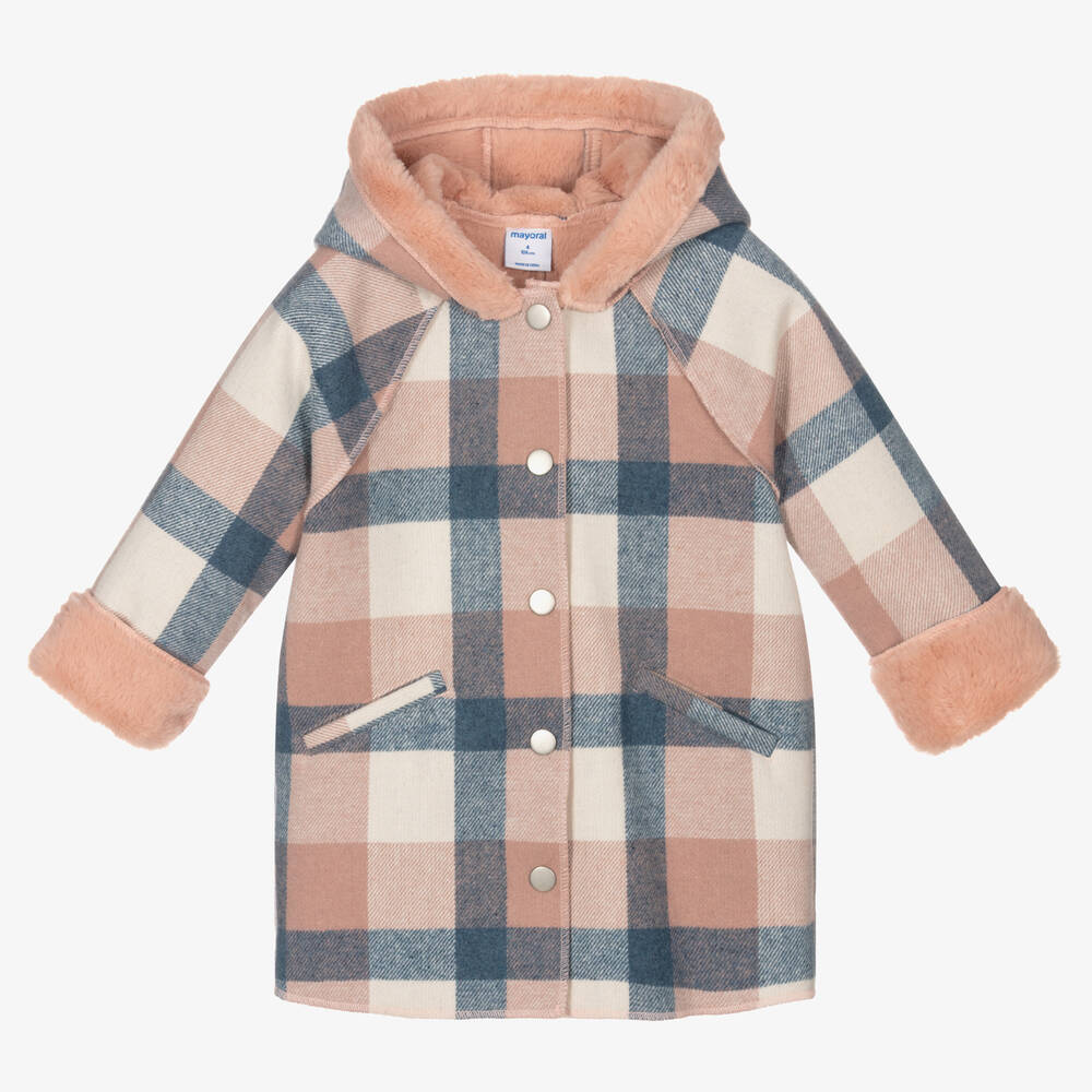 Mayoral - Girls Pink Check Coat | Childrensalon