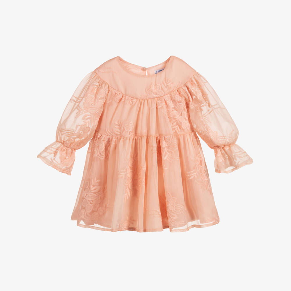 Mayoral-Girls Pink Chiffon Lace Dress | Childrensalon Outlet