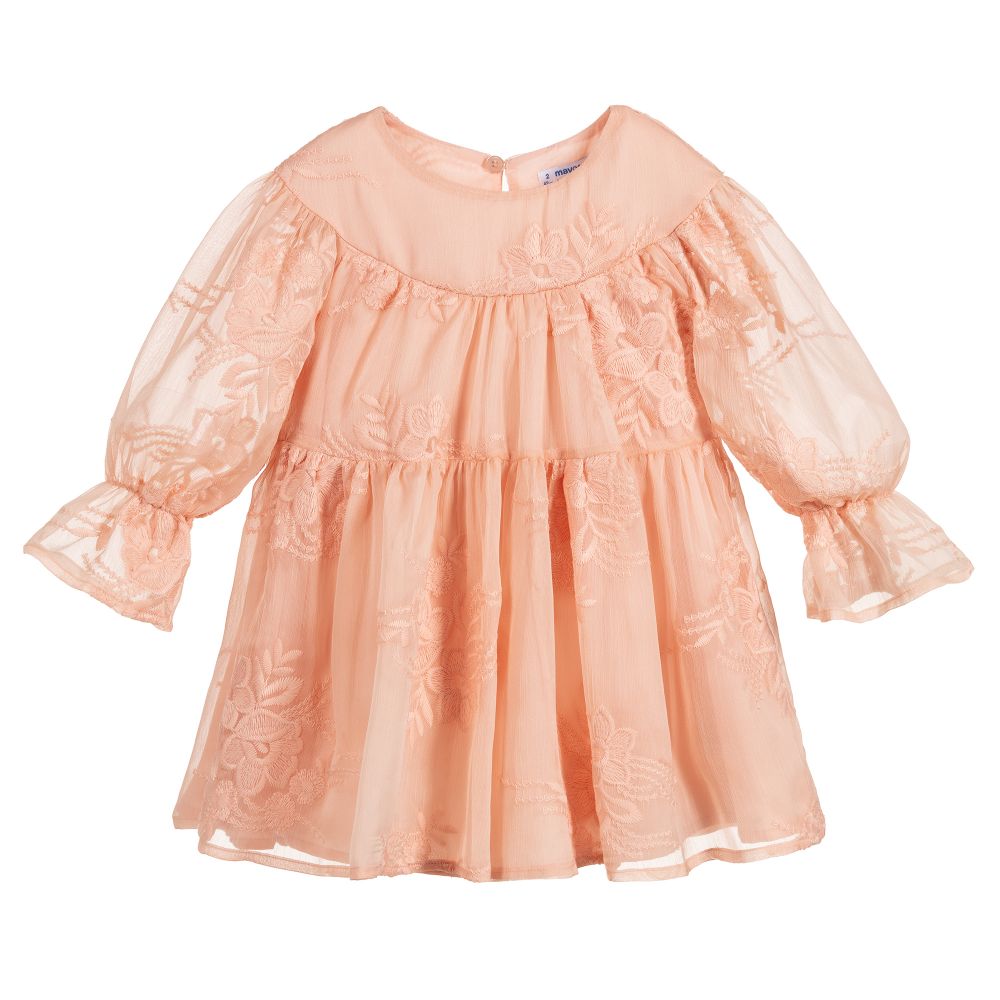 Mayoral - Girls Pink Chiffon Lace Dress | Childrensalon