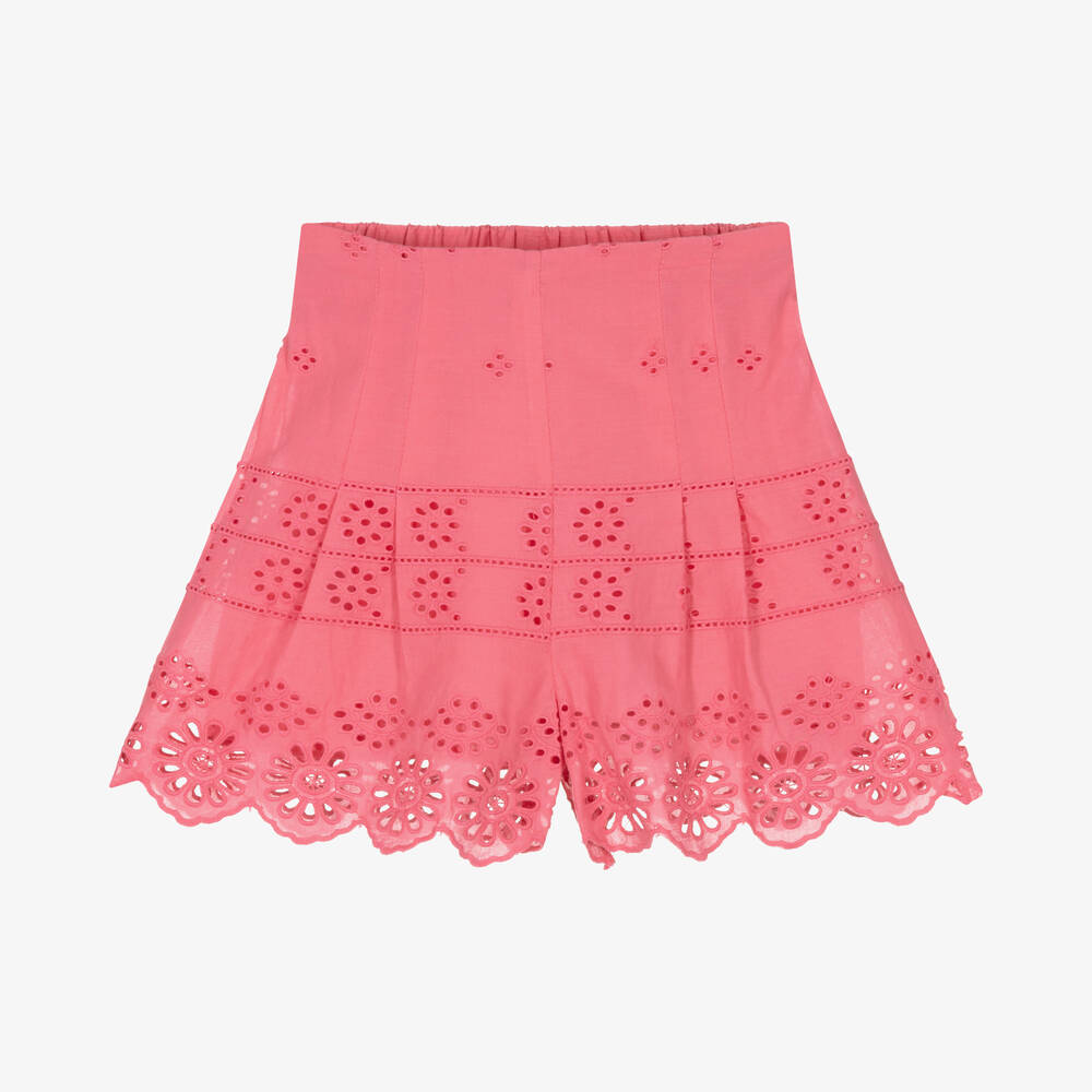 Mayoral - Girls Pink Cotton Broderie Anglaise Shorts | Childrensalon