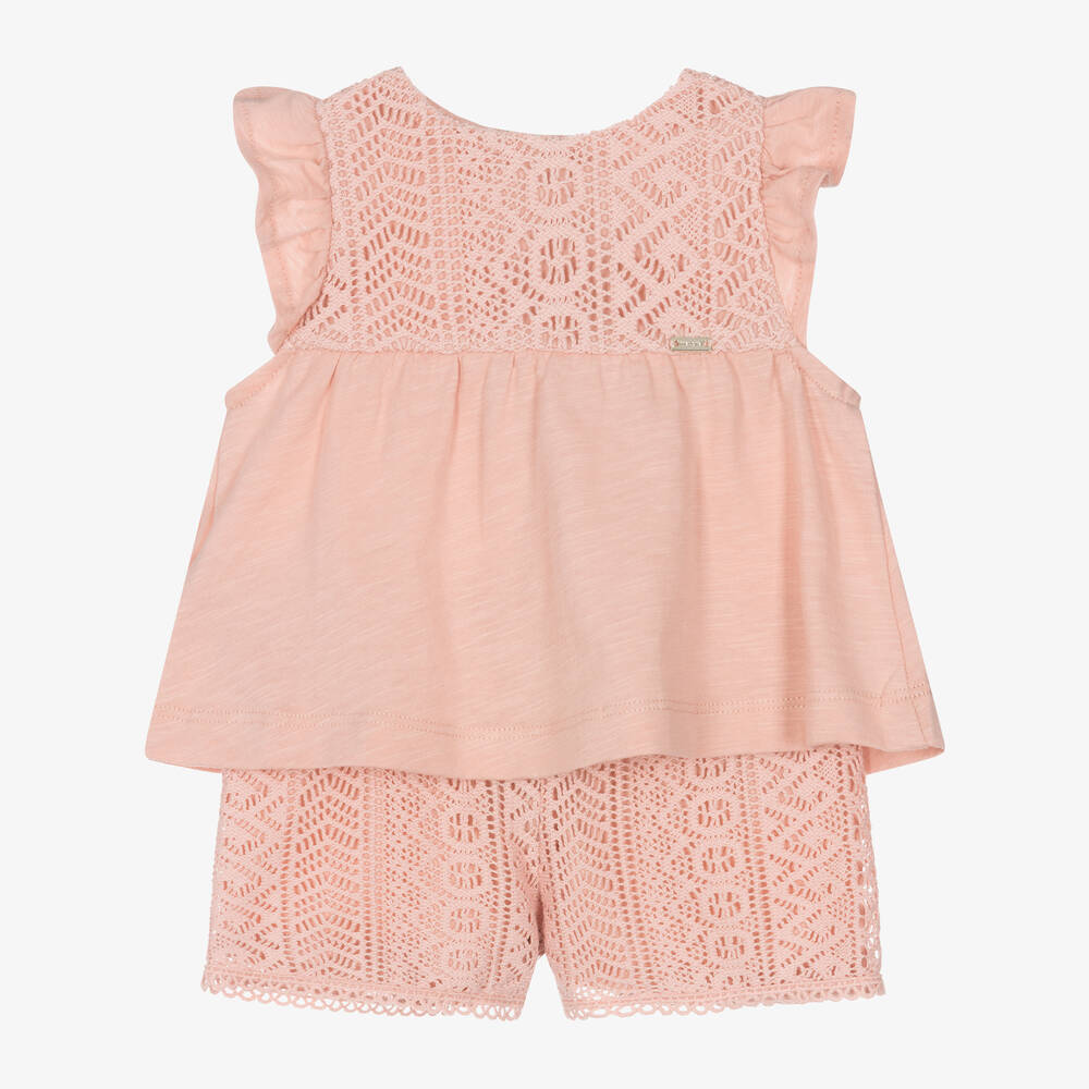 Mayoral-Girls Pink Cotton Crochet Shorts Set | Childrensalon Outlet