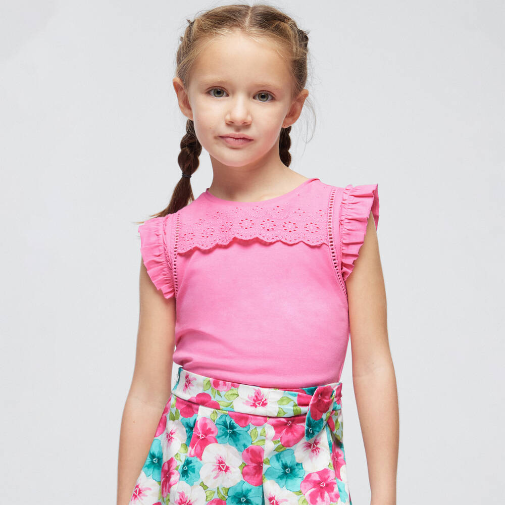 Mayoral-Girls Pink Cotton Frill Top | Childrensalon Outlet