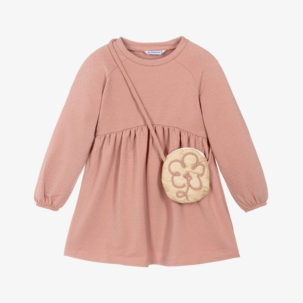 Mayoral-Girls Pink Cotton Jersey Gold Dot Dress Set | Childrensalon Outlet