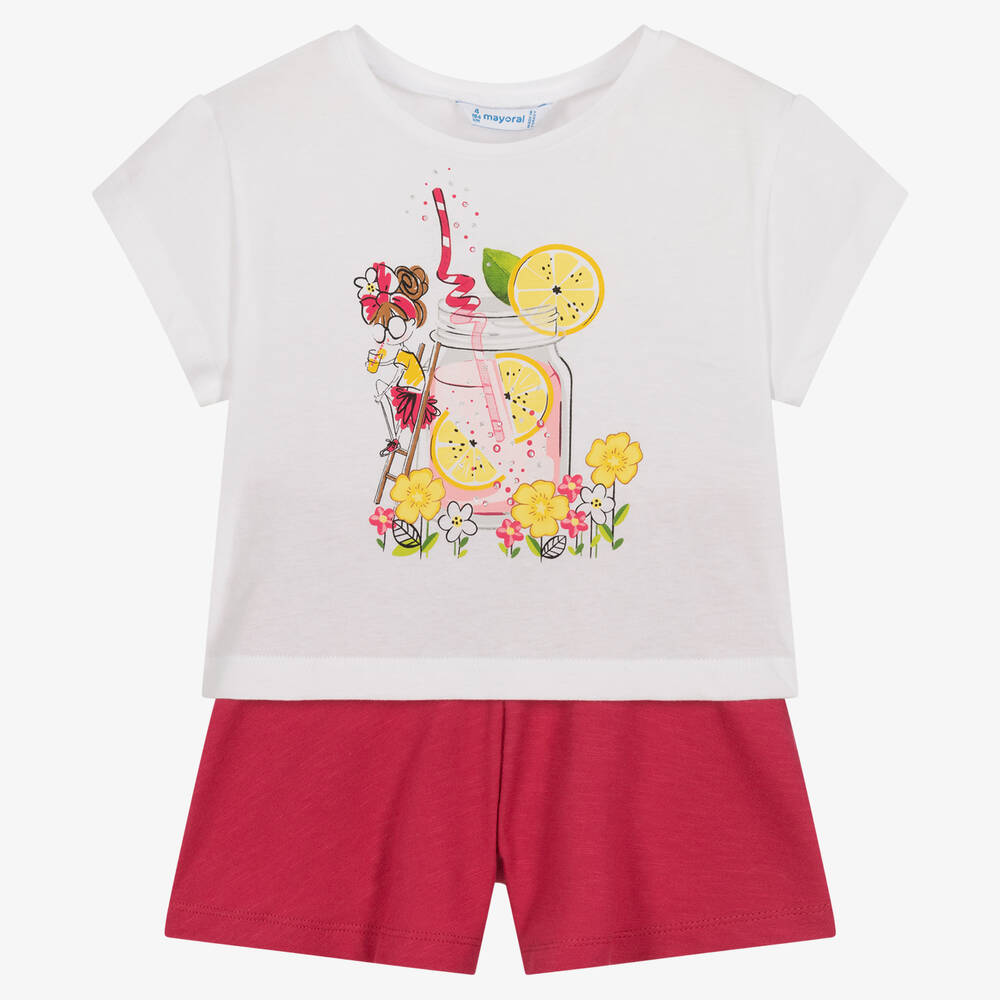 Mayoral - Girls Pink Cotton Lemonade Shorts Set | Childrensalon