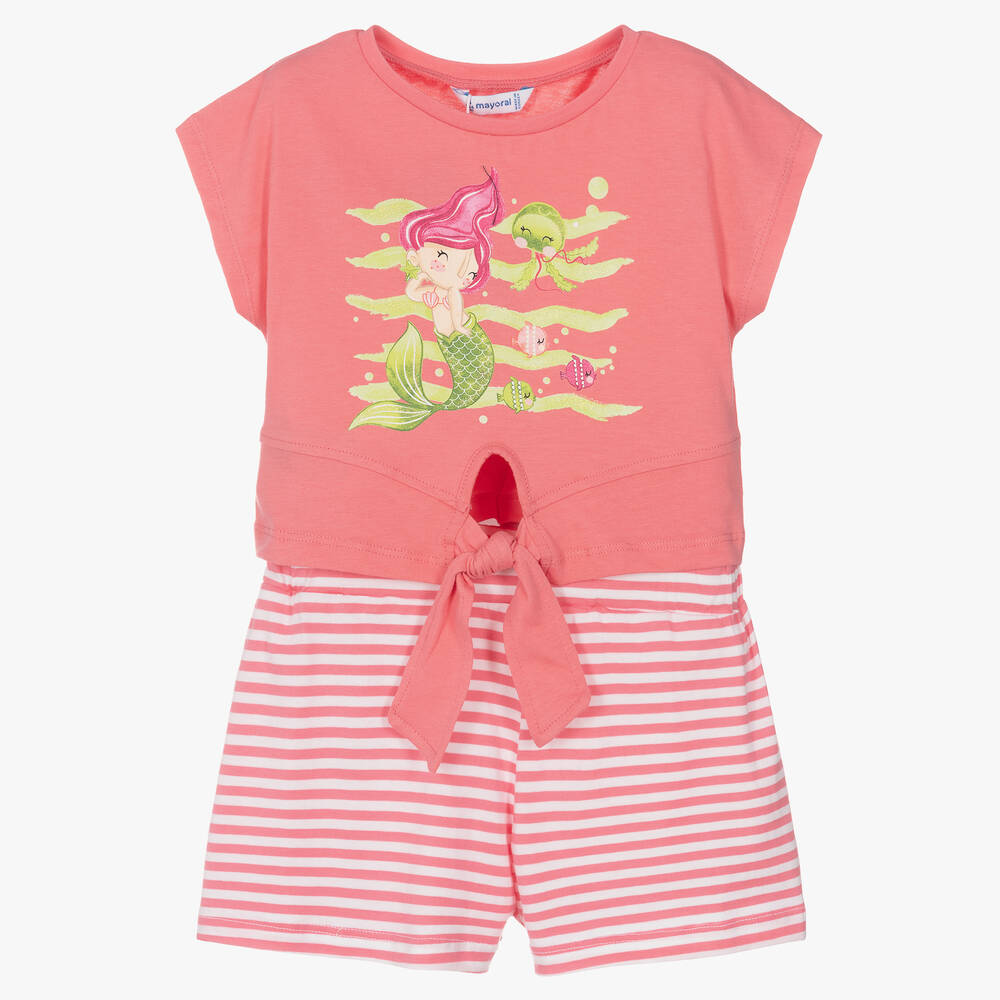 Mayoral - Girls Pink Cotton Mermaid Shorts Set | Childrensalon