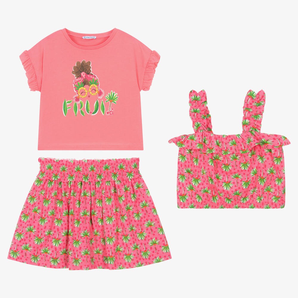 Mayoral - Girls Pink Cotton Palm Tree Skirt Set | Childrensalon
