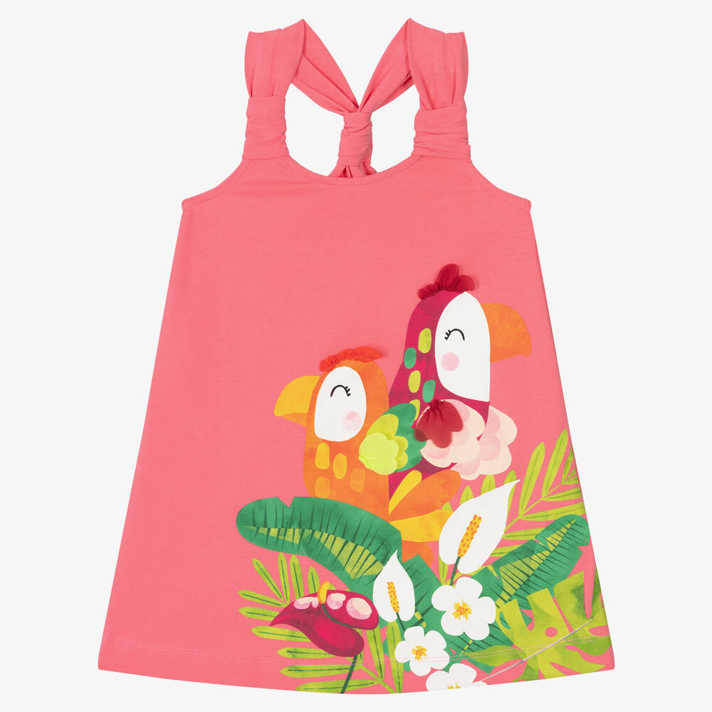Mayoral - Розовое хлопковое платье с попугаями | Childrensalon