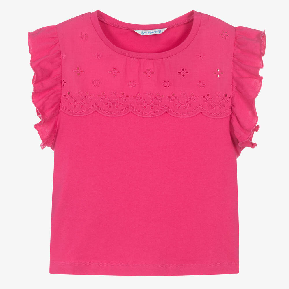 Mayoral - Розовая хлопковая футболка с рюшами на рукавах | Childrensalon