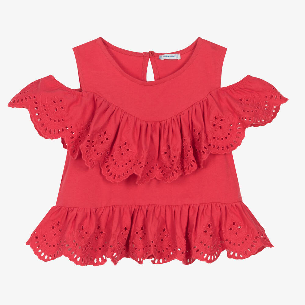 Mayoral - Girls Pink Cotton Ruffle Top | Childrensalon