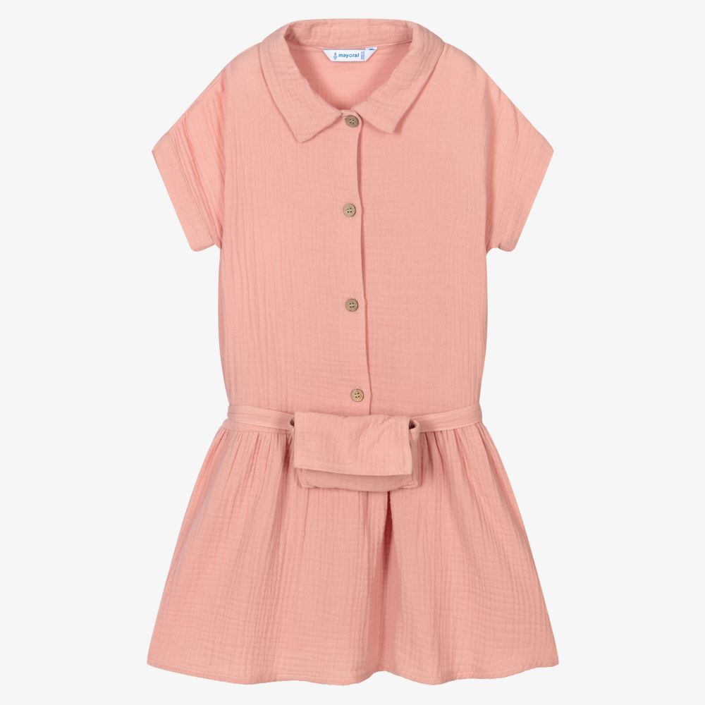 Mayoral - Розовое хлопковое платье-рубашка для девочек | Childrensalon