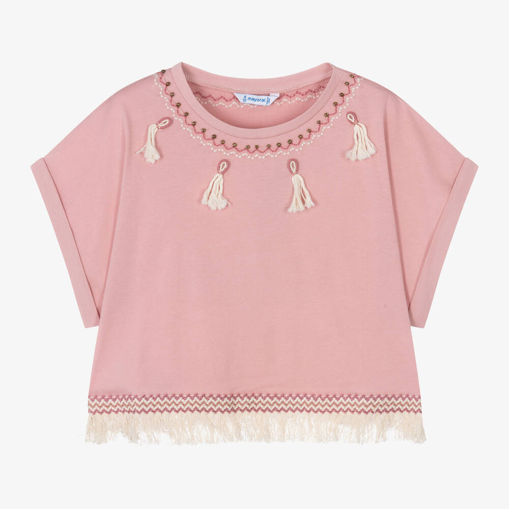 Mayoral-Girls Pink Cotton Tassel T-Shirt | Childrensalon Outlet