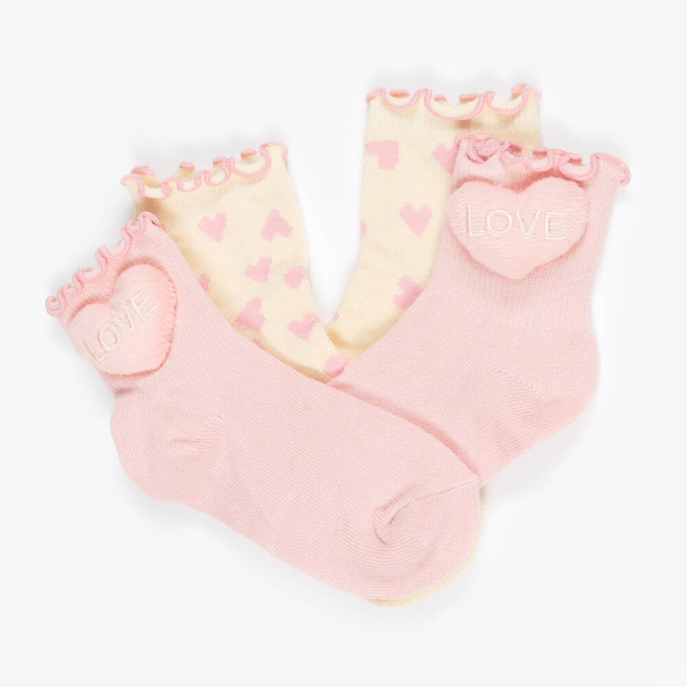 Mayoral-Girls Pink & Cream Heart Cotton Socks (2 Pack) | Childrensalon Outlet