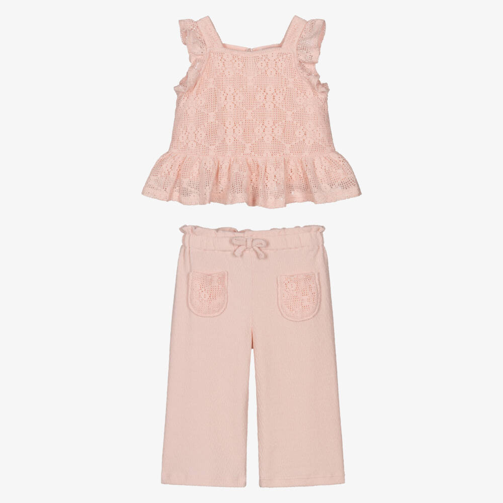 Mayoral-Girls Pink Crochet Trouser Ensemble | Childrensalon Outlet