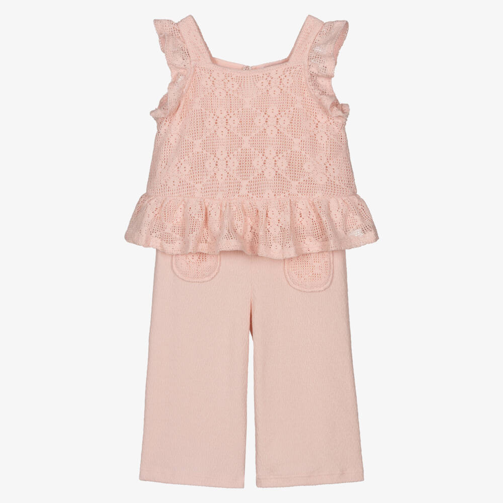 Mayoral-Girls Pink Crochet Trouser Ensemble | Childrensalon Outlet