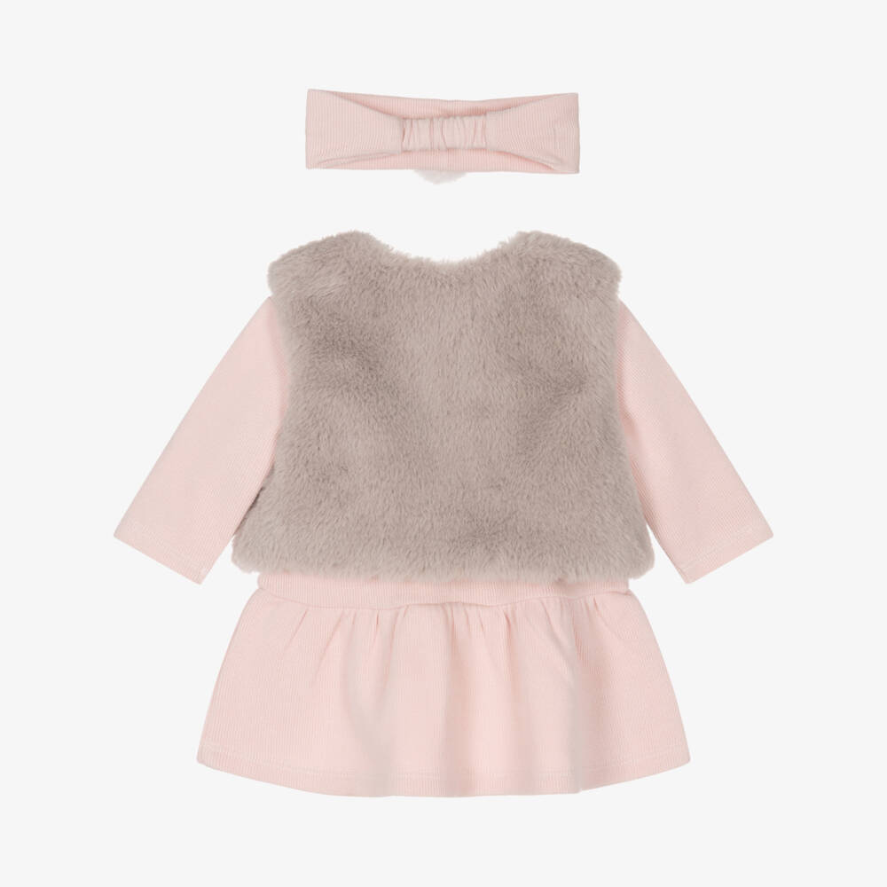 Mayoral Newborn-Girls Pink Dress & Fur Vest Set | Childrensalon Outlet
