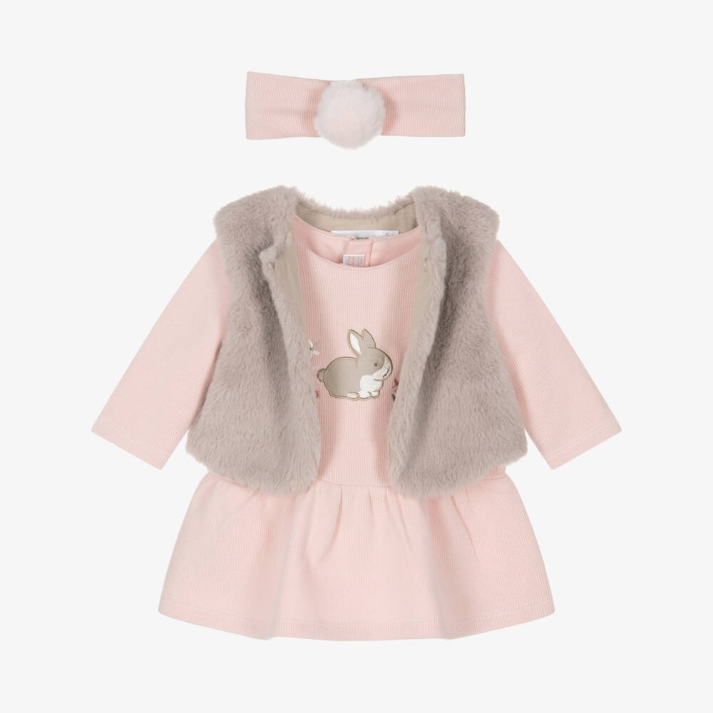Mayoral Newborn-Girls Pink Dress & Fur Vest Set | Childrensalon Outlet